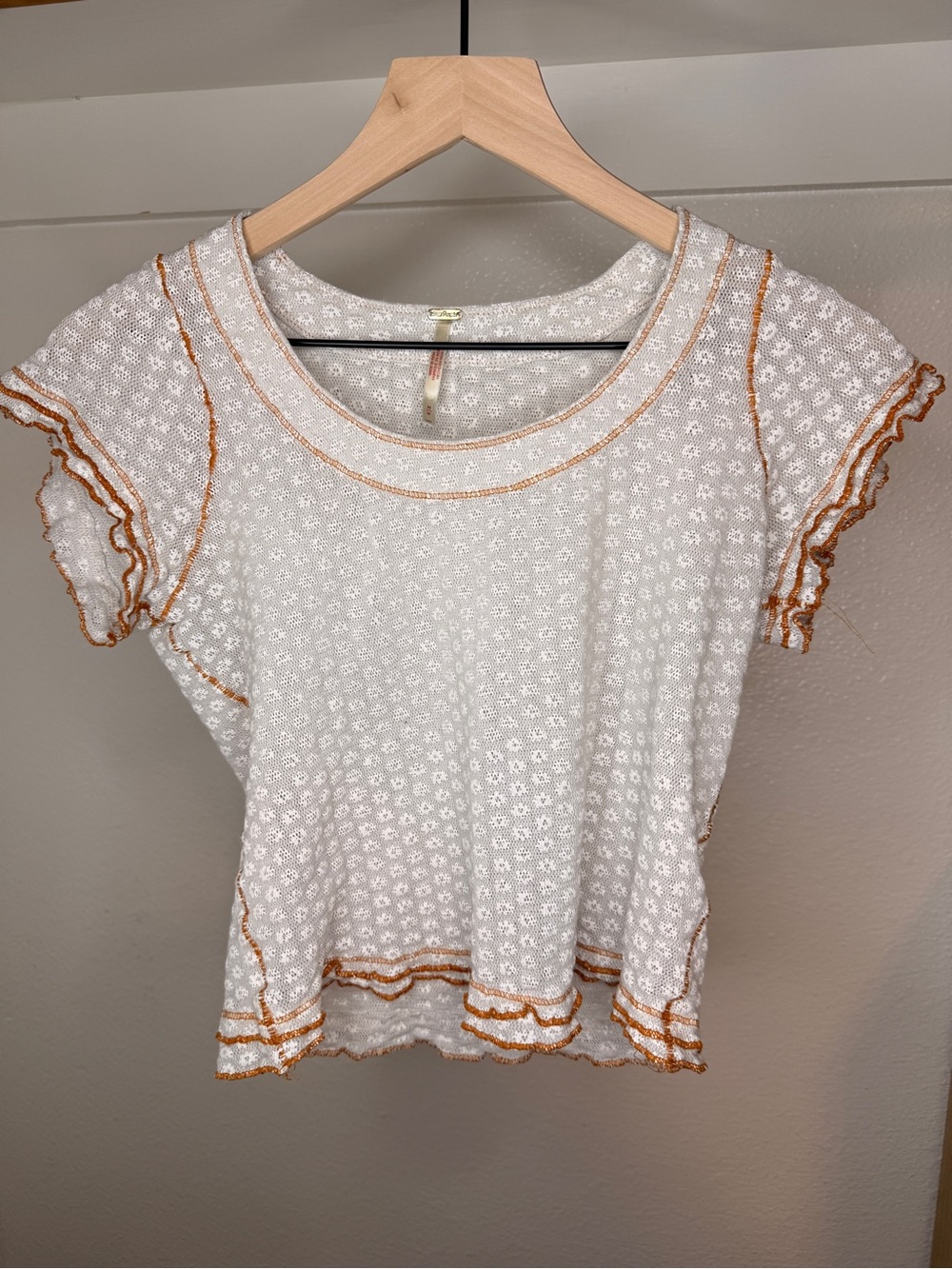Free People Daisy Pointelle Lettuce Hem Tee White Orange Trim Size Small